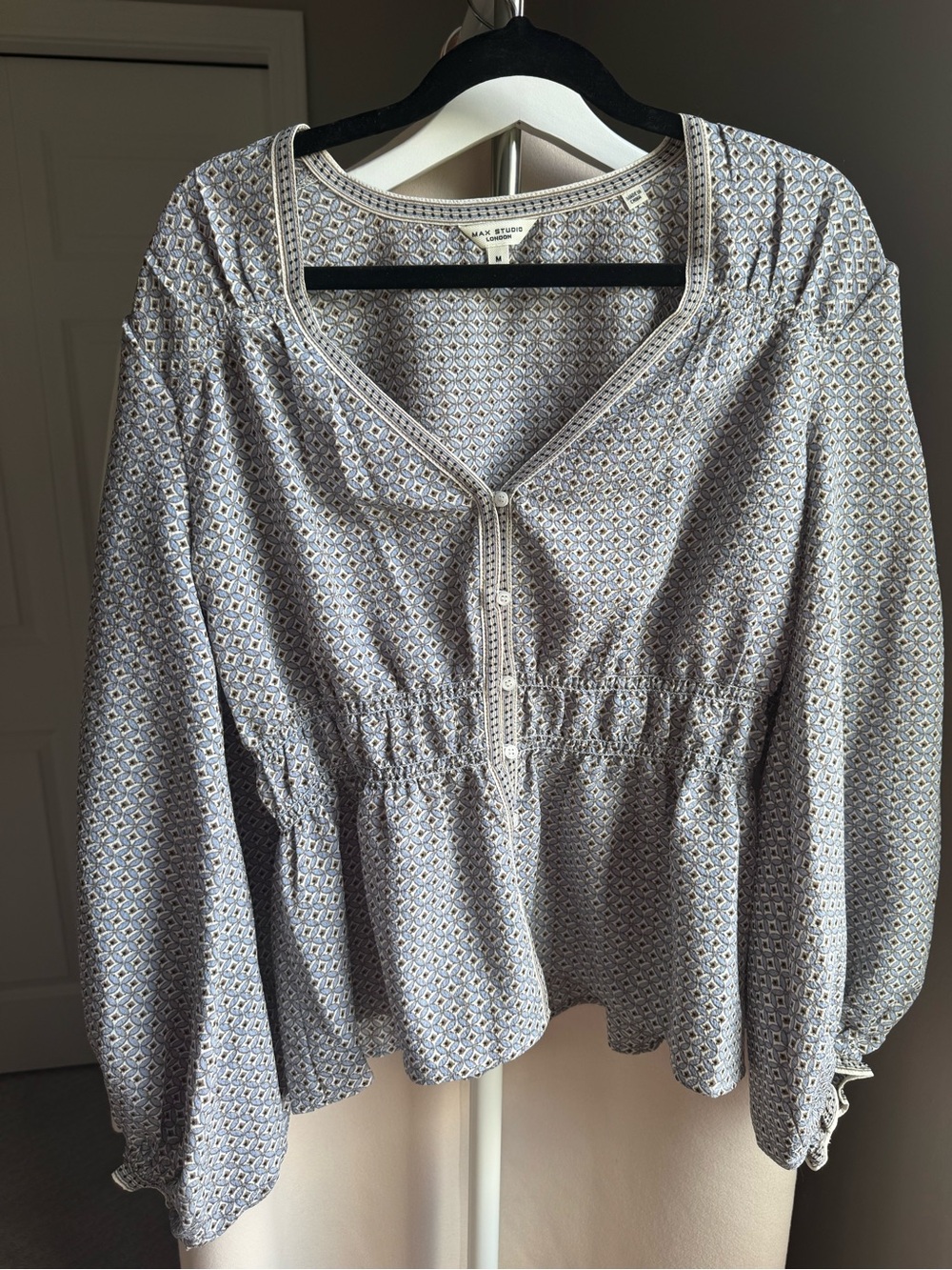 Max Studio Light Blue Geometric Peasant Blouse